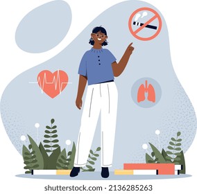 Stop smoking concept. Young girl refused cigarettes, fight against bad habits and strong character. Healthy lifestyle and sport. Motivational poster or banner. Cartoon flat vector illustration