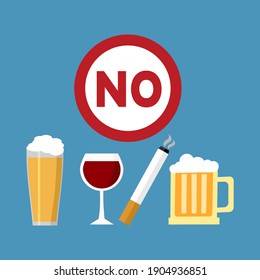 Stop smoking and drinking alcohol habits concept vector illustration. Prohibited sign for beer and cigarettes.