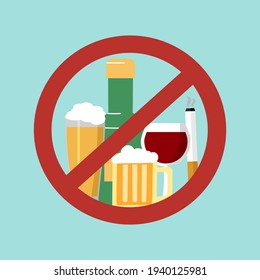 Stop smoking and drinking alcohol habits concept vector illustration. Prohibited sign for beer and cigarettes.