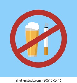 Dejar de fumar y beber alcohol, concepto de hábitos de consumo de alcohol, ilustración vectorial. Cartel prohibido para cerveza y cigarrillos.