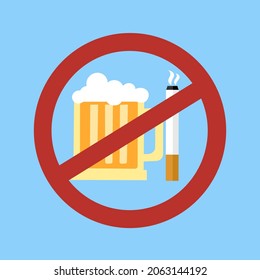 Stop smoking and drinking alcohol habits concept vector illustration. Prohibited sign for beer and cigarettes.