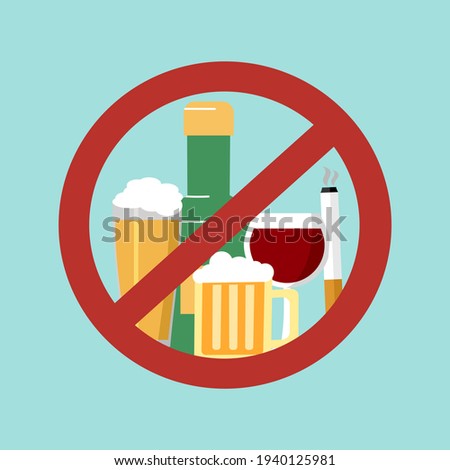 Stop smoking and drinking alcohol habits concept vector illustration. Prohibited sign for beer and cigarettes.