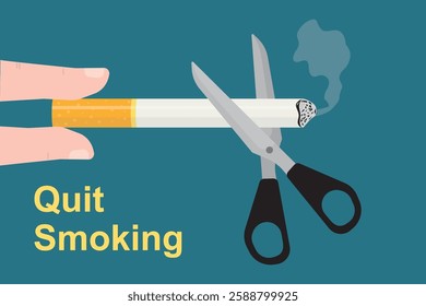 Stop smoking, fingers holding cigarette that is cut with scissors. No smoking day, quit smoking icon or horizontal banner. Restriction, stop unhealthy habit or addiction. flat vector illustration