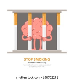 Stop smoking. Free the brain from cigarette addiction. Vector illustration of a brain in prison from cigarettes in a flat style.