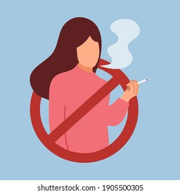 Dejar de fumar y hábitos de ilustración vectorial de concepto. Mujer fumando con signo prohibido para cigarrillos de diseño plano.