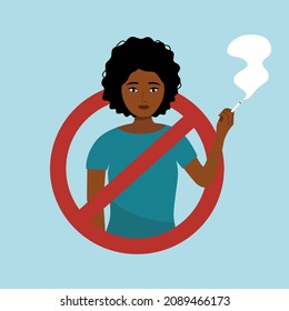 Stop smoking and habits concept vector illustration. Black woman smoking with prohibited sign for cigarettes in flat design.