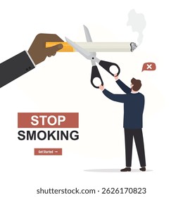 Stop smoking. Hand holding cigarette, other hand cutting with scissors. No smoking day, quit smoking icon or horizontal banner. Restriction, stop unhealthy habit or addiction. flat vector illustration