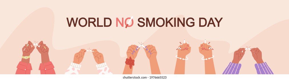 Stop smoking. Hands of men and women crushing cigarettes. World no tobacco day concept 