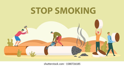 Stop Smoking, Healthy Lifestyle Start, Unhealthy Habit Quit, Lungs Diseases Prevention Flat Vector Concept. People Cutting Cigarette on Pieces, Male Smokers Team Fighting with Addiction Illustration