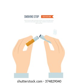 Stop smoking, human hands breaking the cigarette. No Smoking Sign. Isolated vector illustration