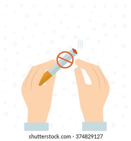 Stop smoking, human hands breaking the cigarette. No Smoking Sign. Isolated vector illustration