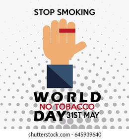 stop smoking illustration, two fingers tied up, red and black text over points texture  backdrop