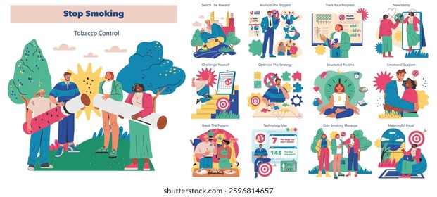 Stop Smoking initiative focusing on tobacco control strategies. Covers methods like tracking progress, overcoming triggers, and establishing a supportive environment, emphasizing health benefits and