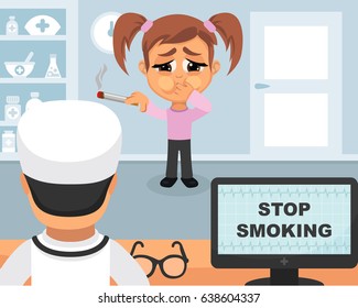 Stop smoking medical concept. Vector illustration. Doctor and patient are talking in the hospital. Isolated on white background.