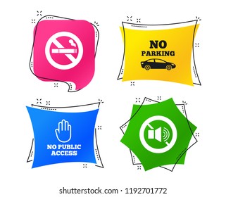 Stop smoking and no sound signs. Private territory parking or public access. Cigarette and hand symbol. Geometric colorful tags. Banners with flat icons. Trendy design. Vector