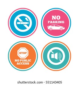 Stop smoking and no sound signs. Private territory parking or public access. Cigarette symbol. Speaker volume. Colored circle buttons. Vector
