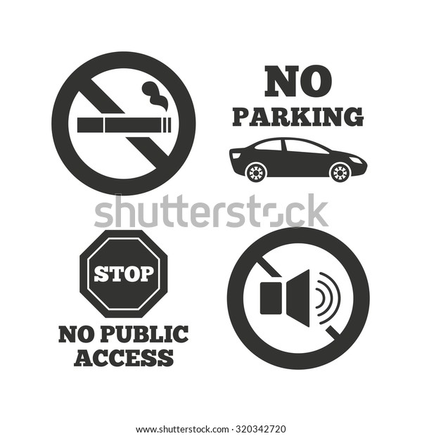 Stop smoking and no sound signs. Private territory\
parking or public access. Cigarette symbol. Speaker volume. Flat\
icons on white. Vector