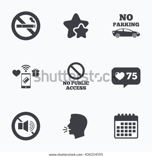 Stop\
smoking and no sound signs. Private territory parking or public\
access. Cigarette symbol. Speaker volume. Flat talking head,\
calendar icons. Stars, like counter icons.\
Vector