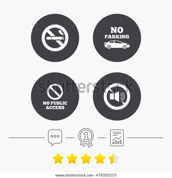 Stop\
smoking and no sound signs. Private territory parking or public\
access. Cigarette symbol. Speaker volume. Chat, award medal and\
report linear icons. Star vote ranking.\
Vector