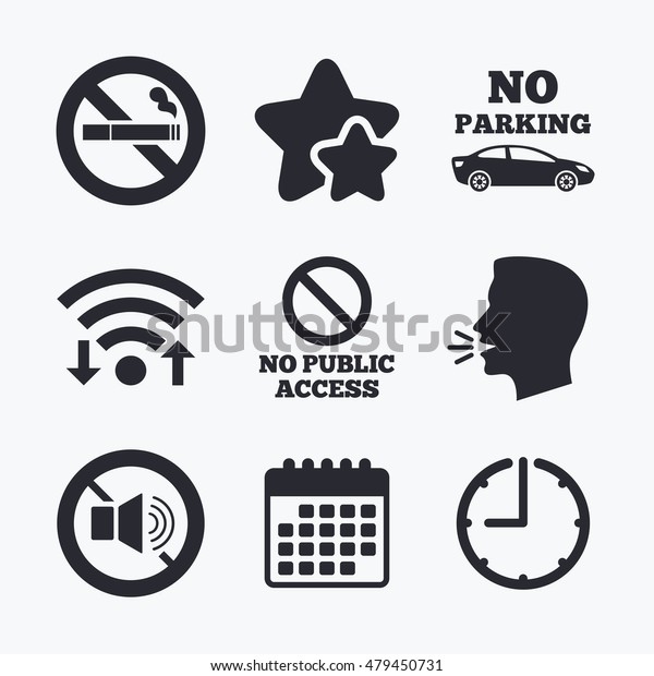 Stop\
smoking and no sound signs. Private territory parking or public\
access. Cigarette symbol. Speaker volume. Wifi internet, favorite\
stars, calendar and clock. Talking head.\
Vector