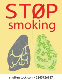 Stop smoking poster in pop art style with an illustration of the harm of smoking to human lungs, an image with healthy lungs stylized with leaves, and a gray damaged lung of a smoker.