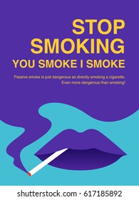 Stop Smoking Poster. Purple and blue smoke with cigarette in the mouth concept.