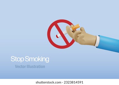 Mano con cigarrillo sin fumar, signo de prohibición. adicción al tabaco. vector realista 3D.