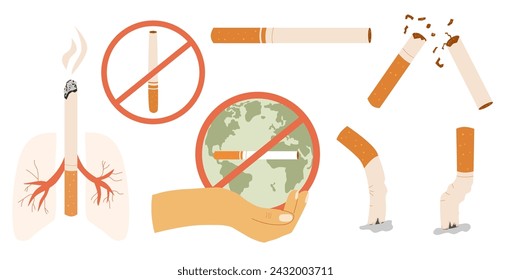 Stop smoking set elements isolated on white background. Cigarettes forbidden sign, hand, planet Earth and lung National non smoking week. World no tobacco day. Vector flat illustration