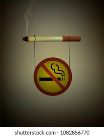 stop smoking sgn, but cigsrette is still smoking, very hard to get rid of bad habbit,  realistic smoking sigarette with  sign no smoking, vector,