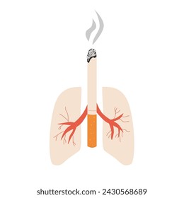 Deja de fumar. Día Mundial sin Tabaco Cigarrillo y conciencia pulmonar mal hábito elemento aislado sobre fondo blanco. Ilustración plana vectorial.