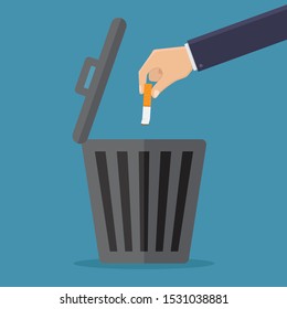 Stop Smoking, Throw Cigarettes In The Trash With Blue Background Flat Design Vector Illustration