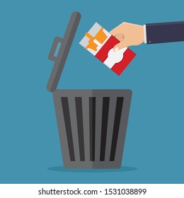 Stop smoking, throw cigarettes in the trash with blue background flat design vector illustration
