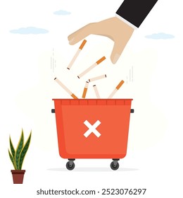 Stop smoking, throw cigarettes in the trash. Tobacco abuse concept. Hand throws cigarettes in red trash can. No smoking. Rejection, proposal smoke. Vector illustration in flat style