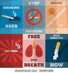 Stop smoking unhealthy habit flyers mini poster set isolated vector illustration