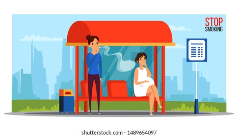 Stop smoking vector banner template. Cartoon pregnant woman angry with girl smoking at bus stop flat characters. Smoker threatening future child health. Anti nicotine addiction poster design layout