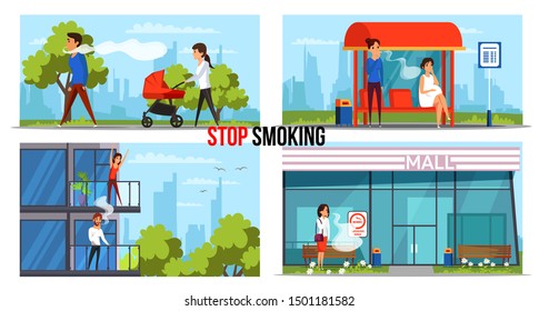 Stop smoking vector banner templates set. Fighting nicotine addiction, bad habit in public places. Harmful smoke affecting pregnant woman, young moms health. Cartoon smokers spoiling neighbours life