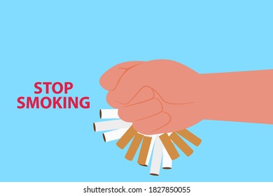 Stop smoking vector concept: Hand of man destroying cigarettes with word of stop smoking