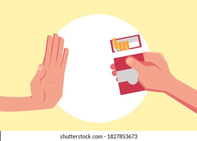 Stop smoking vector concept: Hand of young man rejects a pack of cigarette when his friend offering cigarette