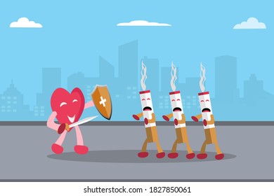 Stop smoking vector concept: Heart wants to kill cigarettes while holding sword and shield