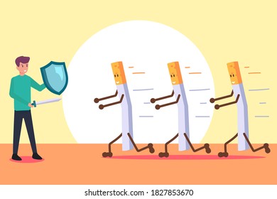 Stop smoking vector concept: Young man protects himself from cigarettes while holding sword and shield