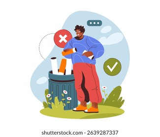 Stop smoking vector poster. Man throwing cigarettes filters into trash bin or can. Anti-smoking symbol or placard. Health care and tobacco addiction, smoke quit sign. Nicotine prevention campaign.