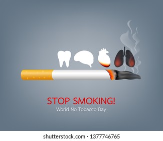 Stop smoking, World no tobacco day. Smoking is harmful to human organs. Resulting in organ damage and premature. Illustration.