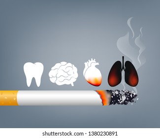 Stop smoking, World no tobacco day. Smoking is harmful to human organs. Resulting in organ damage and premature. Illustration.