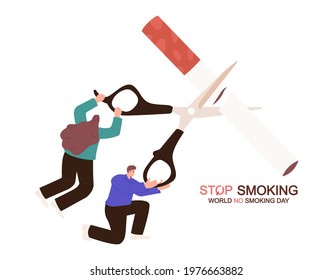 Stop smoking. Young men and women cutting cigarettes with big scissors. World no tobacco day  concept 