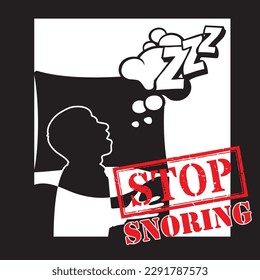 Stop Snoring stamp with a sleeping and snoring person in bed.