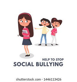 Stop social bullying concepts with bad girls bullying another girl. Kids bullying at school concept. Bullying teenagers cartoon vector illustration.