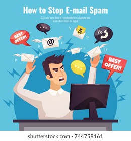 Stop spam ad poster with winged envelopes around angry human with computer on blue background vector illustration
