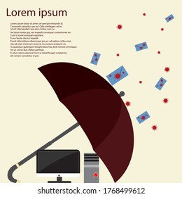 STOP SPAM. Many letters fly to the mail on the computer. Dangerous text. Vector flat illustration 