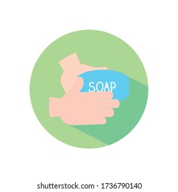 stop the spread concept, handwashing with soap bar icon over white background, block flat style, vector illustration