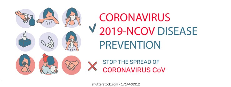 Stop the spread of Coronavirus nCoV 19.COVID-19 Prevention Infographic. Quarantine.Virus Protection. Conceptual Cartoon Flat web Banner.Isolated Vector illustration. EPS 10